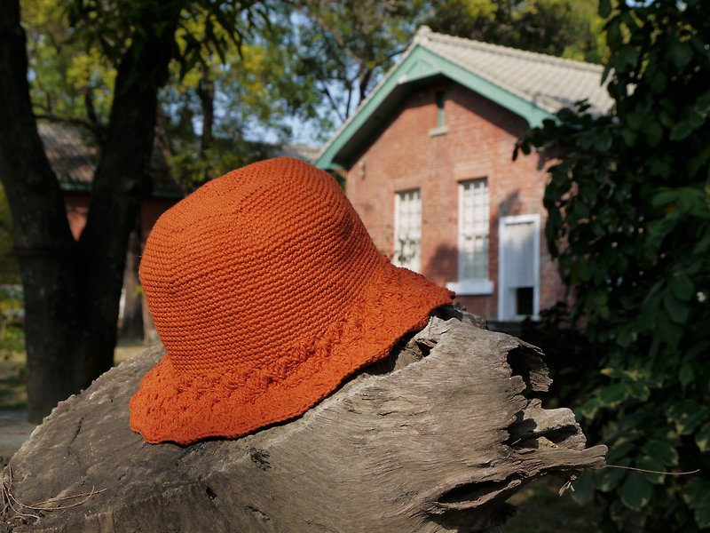 阿母の手作帽-松编渔夫帽-复古橘/暗橘 - 帽子 - 其他材质 橘色