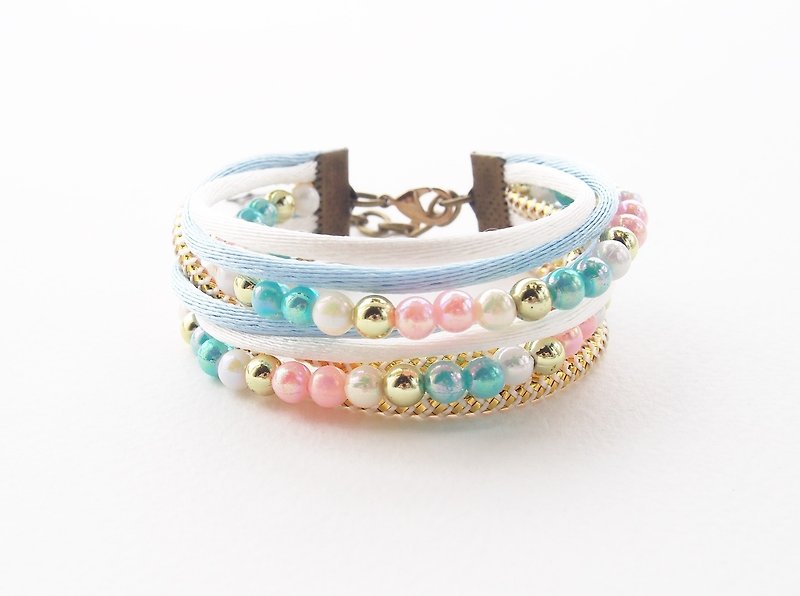 Wrap bracelet - pastel bracelet - multistand bracelet - kawaii cute lolita - sweet accessories - cute bracelet - pink - white - light blue. - 手链/手环 - 其他材质 多色
