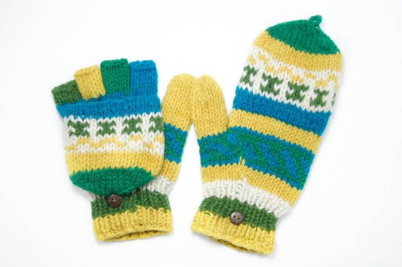新年礼物 限量一件手织纯羊毛针织手套 / 可拆卸手套 / 内刷毛手套 / 保暖手套 - 清新草地天空图腾 - 手套 - 其他材质 多色