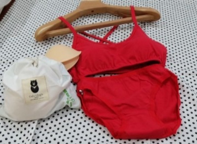 【Goody Bag 】100%有机棉交叉式比基尼内衣裤(T-Bra)+太阳眼镜组 - 女士内衣裤 - 棉．麻 红色