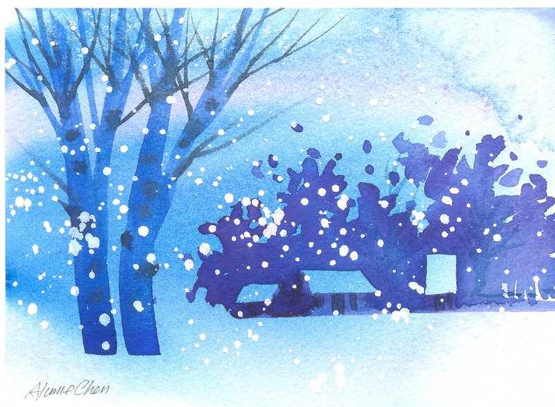 疗愈系树林系列b2-水彩手绘限量版明信片/圣诞卡 - 卡片/明信片 - 纸 蓝色