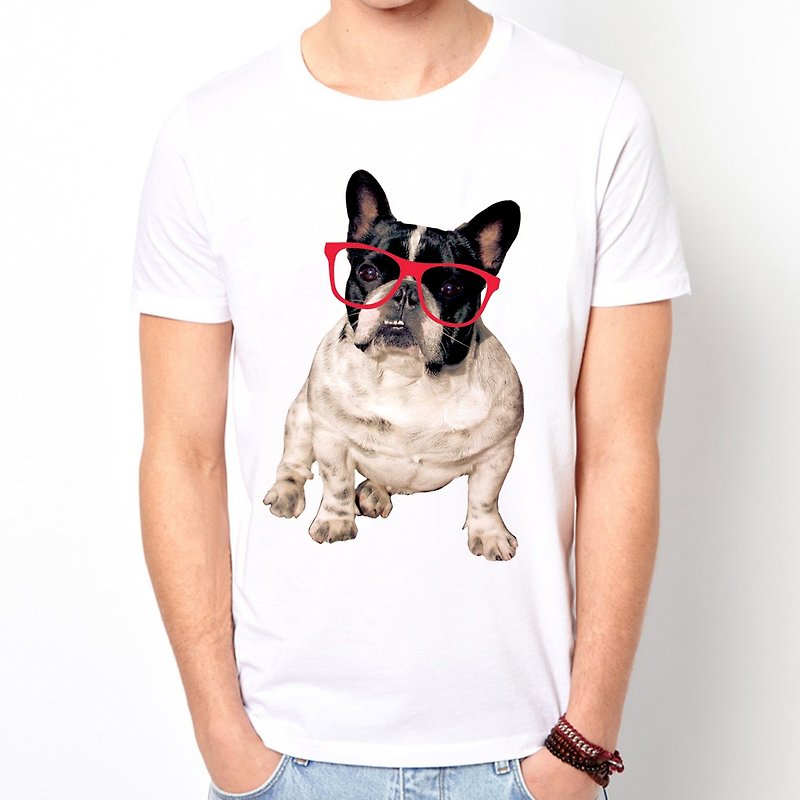 Glasses French Bulldog短袖T恤-白色 眼镜 法斗 狗 犬 动物 文青 艺术 设计 时髦 文字 时尚 - 男装上衣/T 恤 - 其他材质 白色