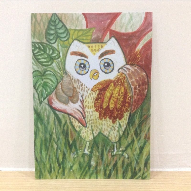 拿着小米&芋头的角鸮-水彩手绘风格明信片 - 卡片/明信片 - 纸 多色