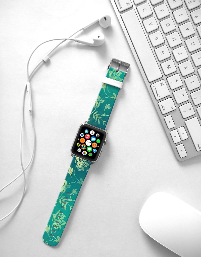 Apple Watch Series 1 , Series 2, Series 3 - Apple Watch 真皮手表带，适用于Apple Watch 及 Apple Watch Sport - Freshion 香港原创设计师品牌 - 湖水色花纹 - 表带 - 真皮 
