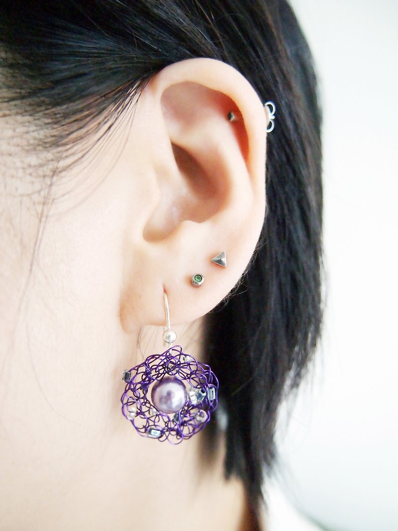 订制典雅葡萄紫色铜线配人造玻璃珍珠圆形耳环E050 - 耳环/耳夹 - 其他材质 紫色