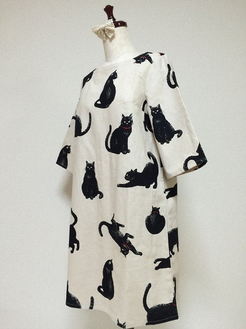 こなまいきな黒猫：五分袖ワンピース：生成り - 洋装/连衣裙 - 棉．麻 白色