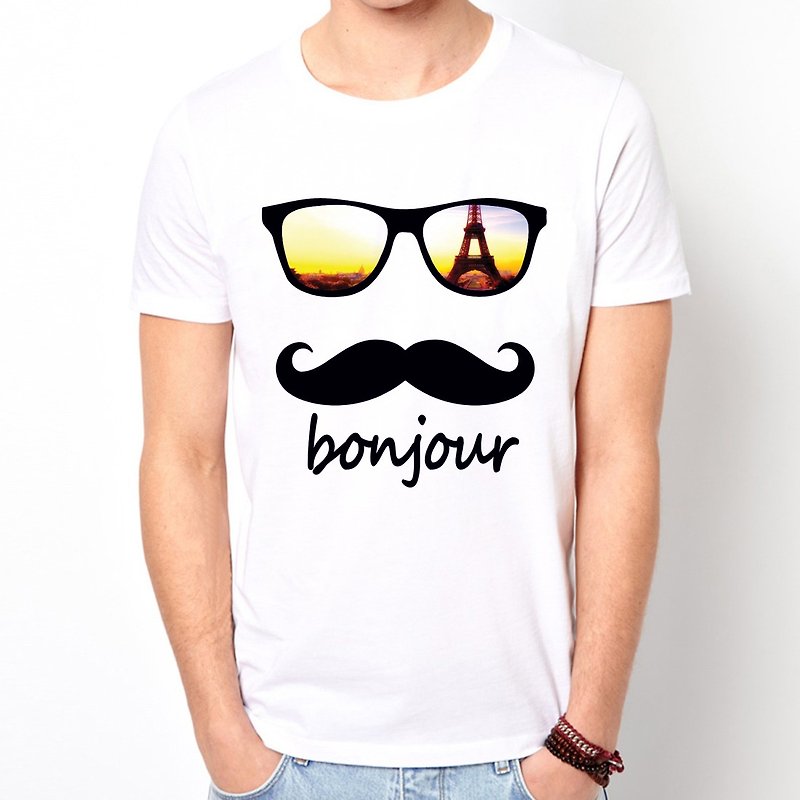 bonjour-Paris短袖T恤-白色  巴黎 法国 文青 文创 平价 时尚 设计 自创 时髦 圆 三角形 - 男装上衣/T 恤 - 其他材质 白色