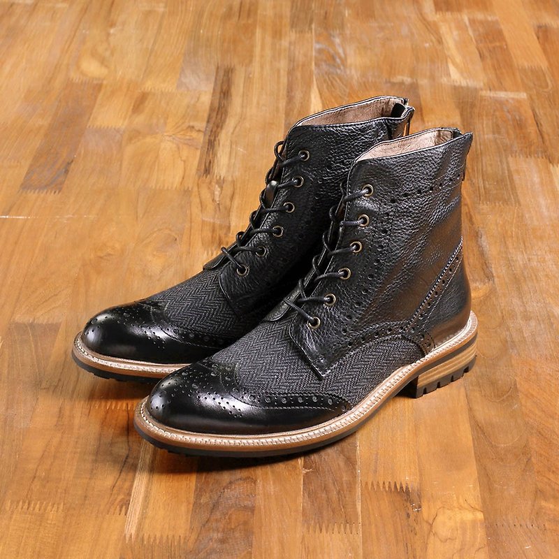 Vanger 优雅美型·英式复潮翼纹系带中筒靴 Va189黑 X 毛呢拼接 - 男款靴子 - 真皮 灰色