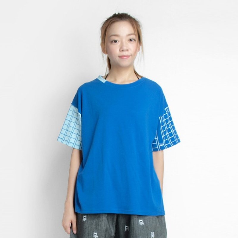 【HEYSUN】绢印学校系列/稿纸写字练习簿不对衬拼接T恤-海洋蓝色 - 女装 T 恤 - 其他材质 蓝色