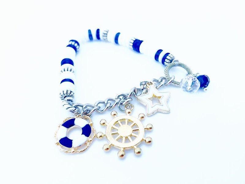“蓝白双色扁珠 x 银链综合吊饰” - 手链/手环 - 其他材质 蓝色