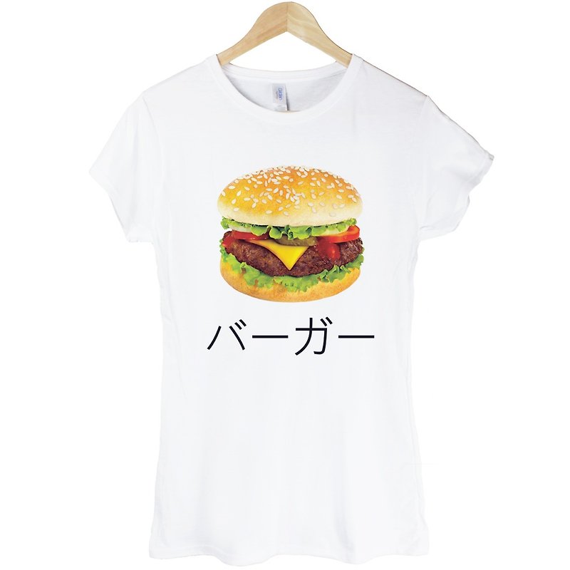 Japanese-Burger女生短袖T恤-白色 汉堡 吐司 日文 日语 面包 早餐 食物 奶油 设计 自创 品牌 - 女装 T 恤 - 棉．麻 白色