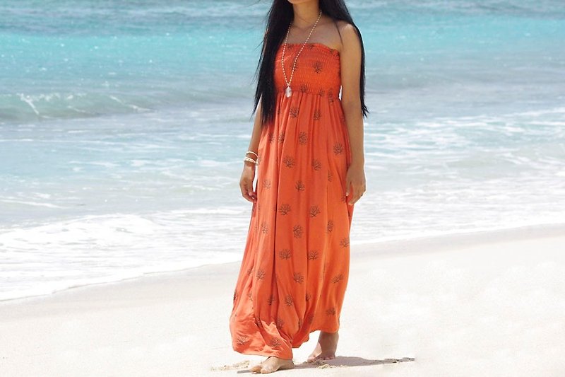 サンゴがたくさん♪海からのインスピレーションを受けて出来たコーラルプリントチューブトップロングドレス<オレンジ> - 晚装/礼服 - 其他材质 橘色