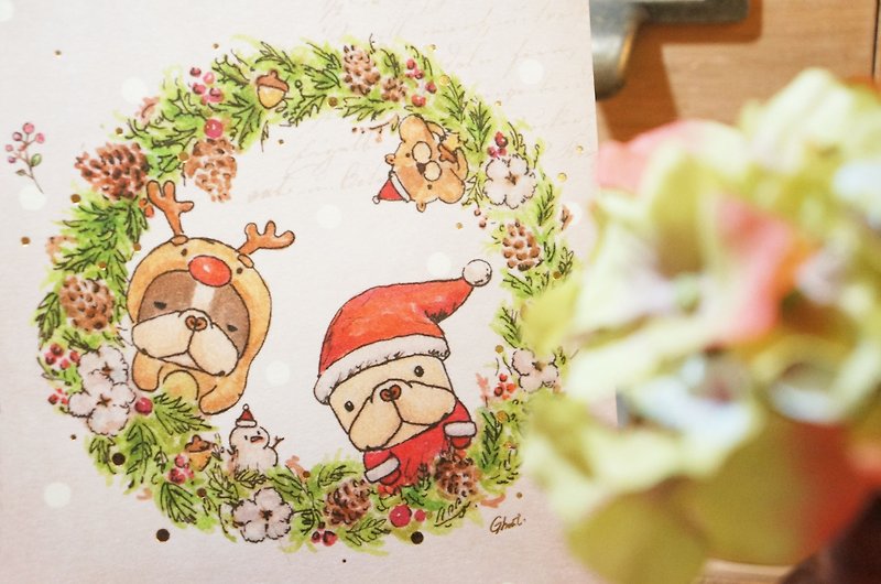 圣诞花圈-法斗圣诞烫金明信片 - 卡片/明信片 - 纸 绿色