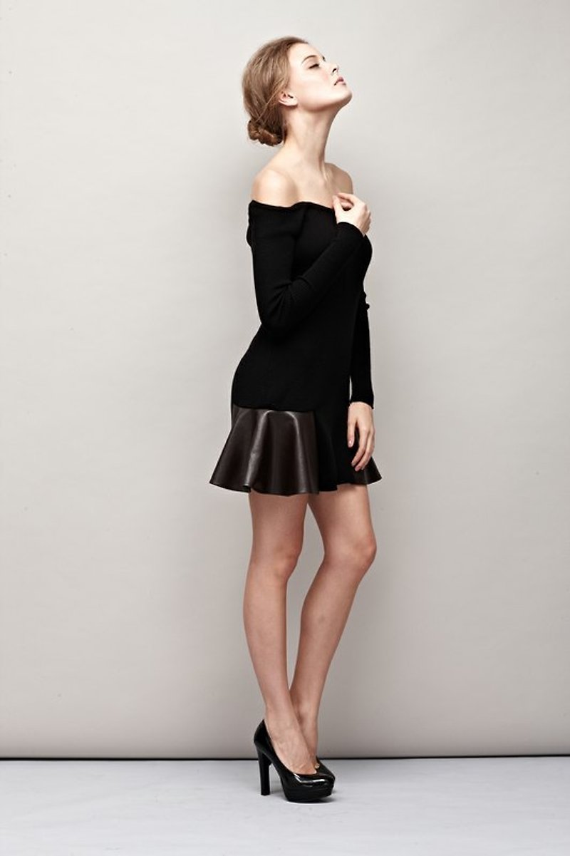 露肩螺纹异材质拼接洋装 Off-The-Shoulder Rib Sweater Dress - 洋装/连衣裙 - 其他材质 黑色