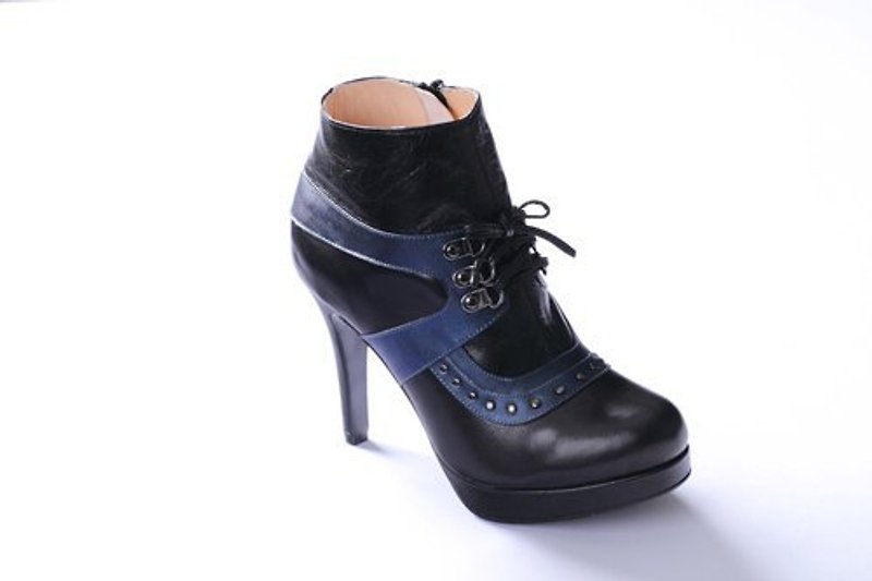 黑蓝 厚底短靴 - 女款短靴 - 真皮 蓝色