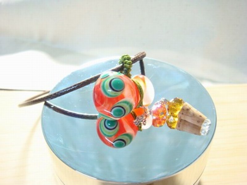 柚子林手工琉璃 - 设计款 琉璃 精油瓶  / 闻香瓶 项链  - 守护系列 (橘红x绿) - 项链 - 玻璃 多色