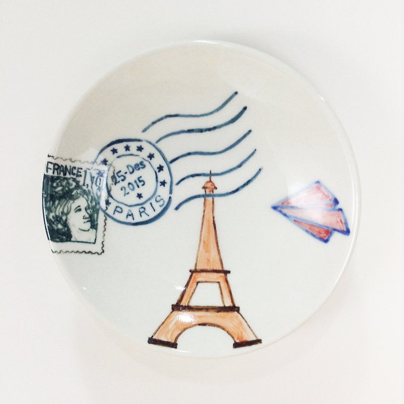 法国邮戳-手绘旅行小碟 - 浅碟/小碟子 - 瓷 多色