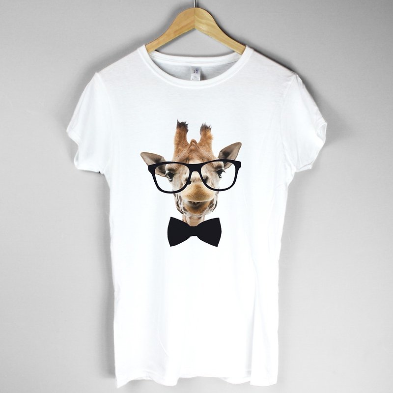 Giraffe-Bow Tie女生短袖T恤-2色 长颈鹿 领结 眼镜 动物 设计 - 女装 T 恤 - 棉．麻 白色