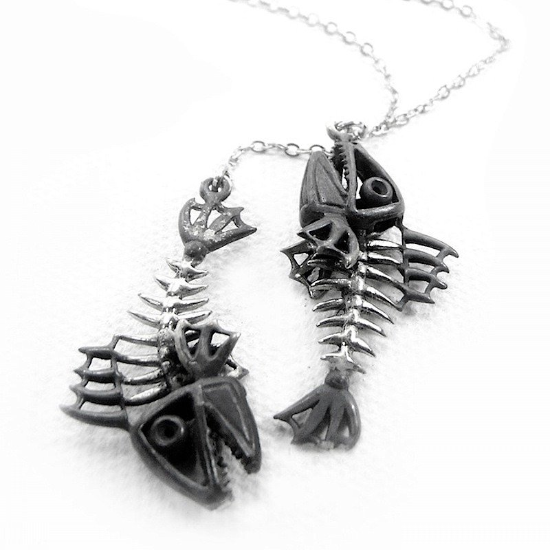 Zodiac pendant Fishes bone for Pisces in white bronze and oxidized antique color ,Rocker jewelry ,Skull jewelry,Biker jewelry - 项链 - 其他金属 