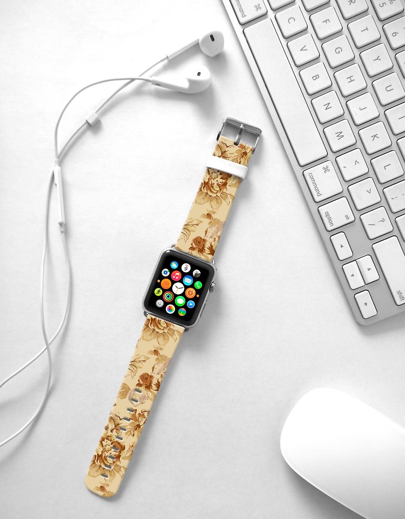 Apple Watch Series 1 , Series 2, Series 3 - Apple Watch 真皮手表带，适用于Apple Watch 及 Apple Watch Sport - Freshion 香港原创设计师品牌 - 怀旧棕色碎花花纹 cr10 - 表带 - 真皮 