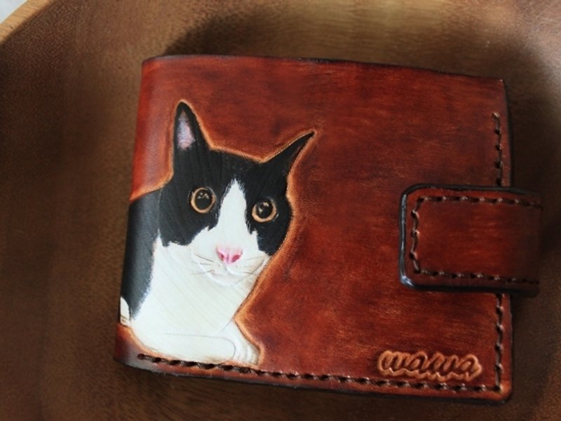 定制宠物猫咪肖像焦茶色纯牛皮双层短夹 (订做情人、生日送礼) - 皮夹/钱包 - 真皮 咖啡色