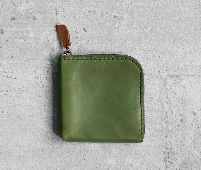 橄榄绿色植鞣真牛皮手工零钱包/皮夹 - 零钱包 - 真皮 绿色