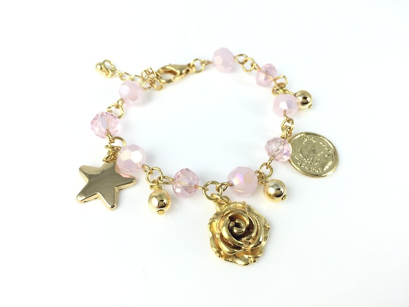 “粉色水晶 x 金色玫瑰” - 手链/手环 - 其他材质 粉红色
