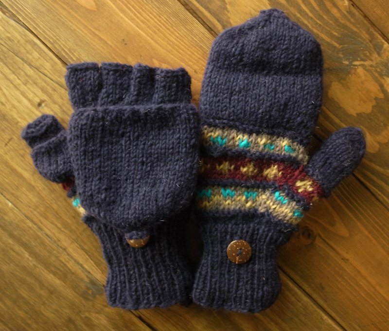 羊毛 手工编织 手套 单线编织 合手款 经典 深蓝 - 手套 - 羊毛 蓝色
