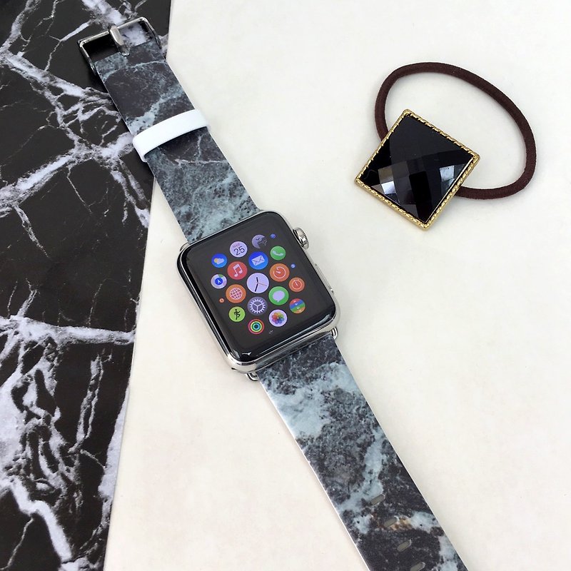Apple Watch Series 1 - 5 黑灰色大理石图案表带 38 40 42 44 mm - 表带 - 真皮 黑色