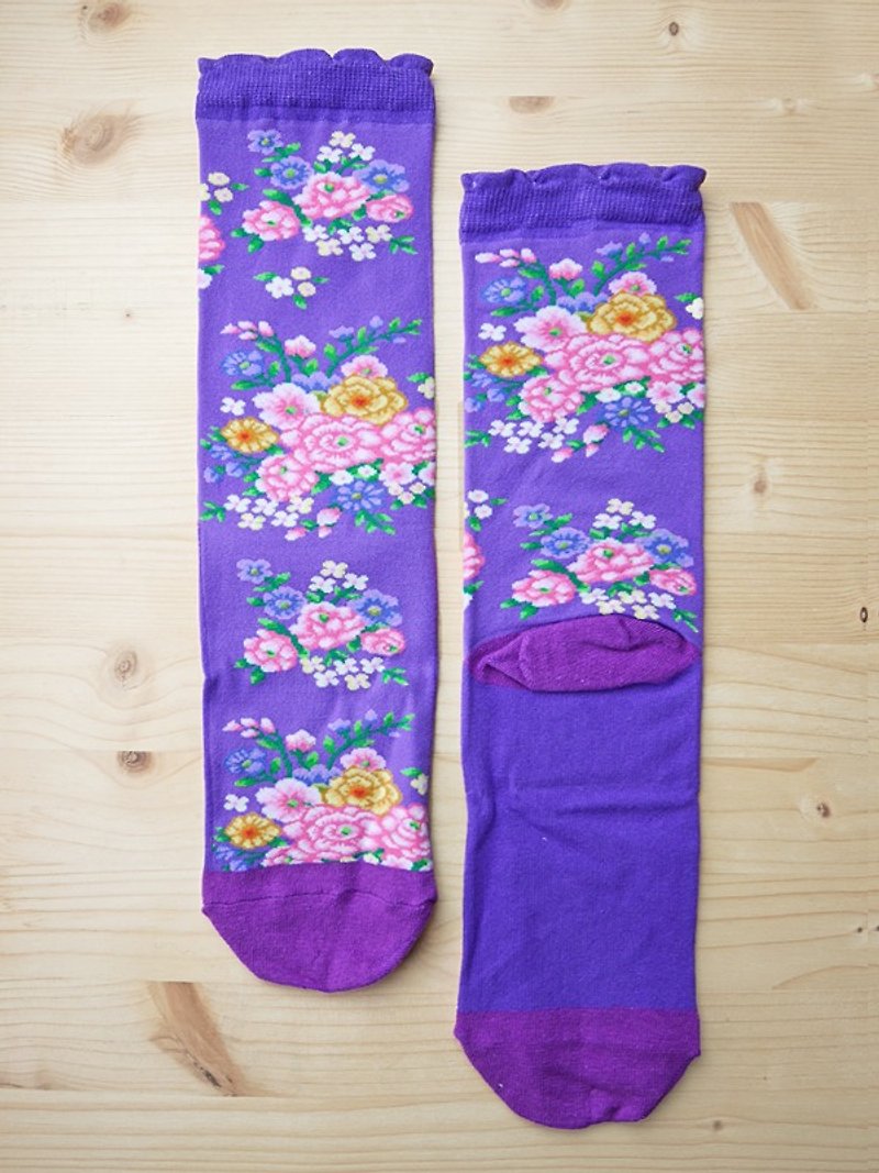 JHJ Design 加拿大品牌 高彩度针织棉袜 客家花布-针织袜(紫) - 袜子 - 其他材质 