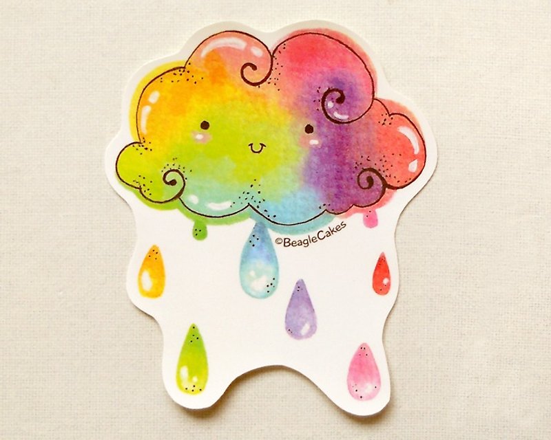 彩虹云贴纸 (1入) - 防水贴纸 - 大张贴纸 - 水彩贴纸 - 彩虹雨滴贴纸 - 贴纸 - 纸 多色