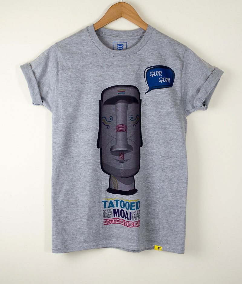 【大图直喷】刺青摩艾  复活节岛神像 潮T 时髦 短袖 图T T-Shirt - 女装 T 恤 - 棉．麻 灰色
