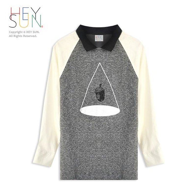 【M0206】HEY SUN独立手作品牌·松果锥形罐头异质拼接小黑领子衬衫 - 女装 T 恤 - 其他材质 灰色