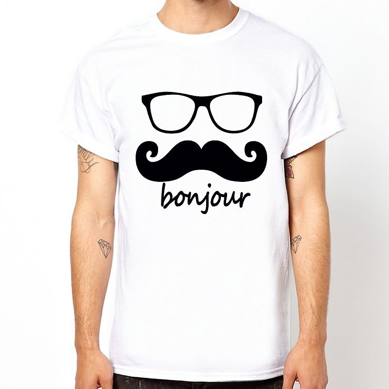bonjour 短袖T恤-2色 法国 胡子 胡须 复古 眼镜文青设计原创品牌 - 男装上衣/T 恤 - 其他材质 白色