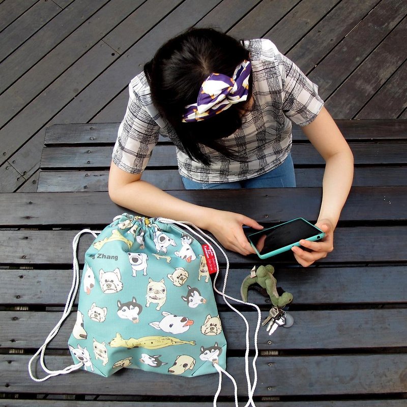 BLR  狗头包 手工印制 Ning Zhang  双面图案 束口袋 后背包 - 束口袋双肩包 - 聚酯纤维 绿色