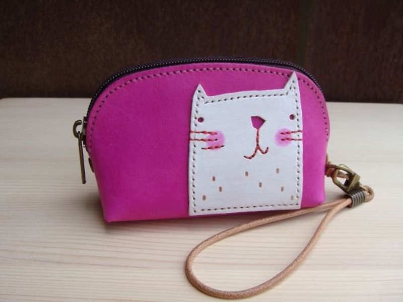 [ ISSIS ] 真皮手缝皮革拼贴粉红小白猫零钱包 - 零钱包 - 真皮 红色