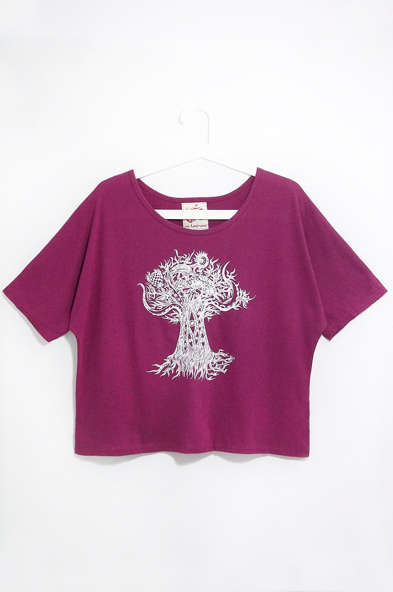 女装手感短版上衣 / T-shirt - 泰国疯狂树 ( 酒红 ) - 女装上衣 - 棉．麻 紫色