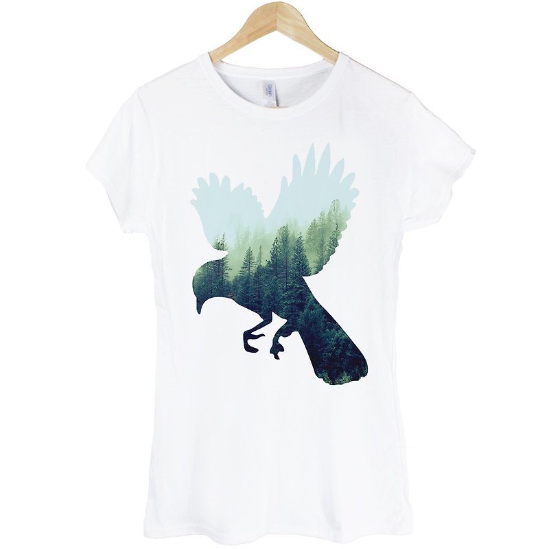 Bird-Forest女生短袖T恤-白色 鸟 森林 照片 文创 自创 文青 自然 环保 保育 自由 - 女装 T 恤 - 棉．麻 白色