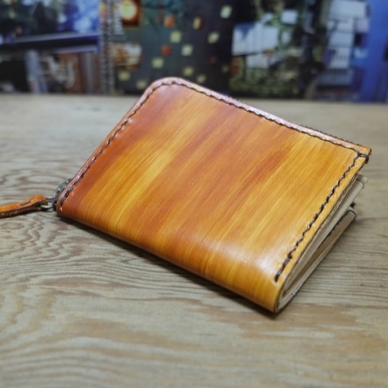 Lovey革小物 / 木纹 - 天然植鞣皮革日本手缝线手作真皮短皮夹 - 皮夹/钱包 - 真皮 橘色