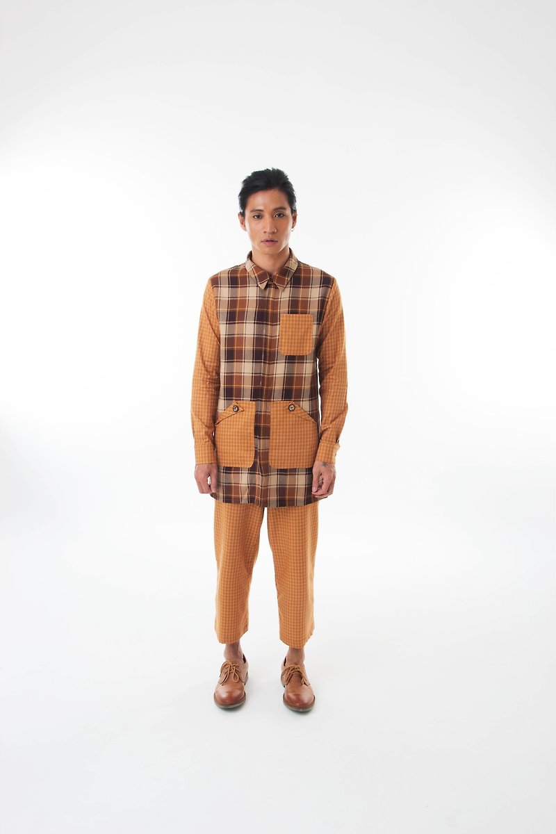Sevenfold - Bicolor plaid stitching shirt双色格纹拼接衬衫(褐色) - 男装衬衫 - 压克力 
