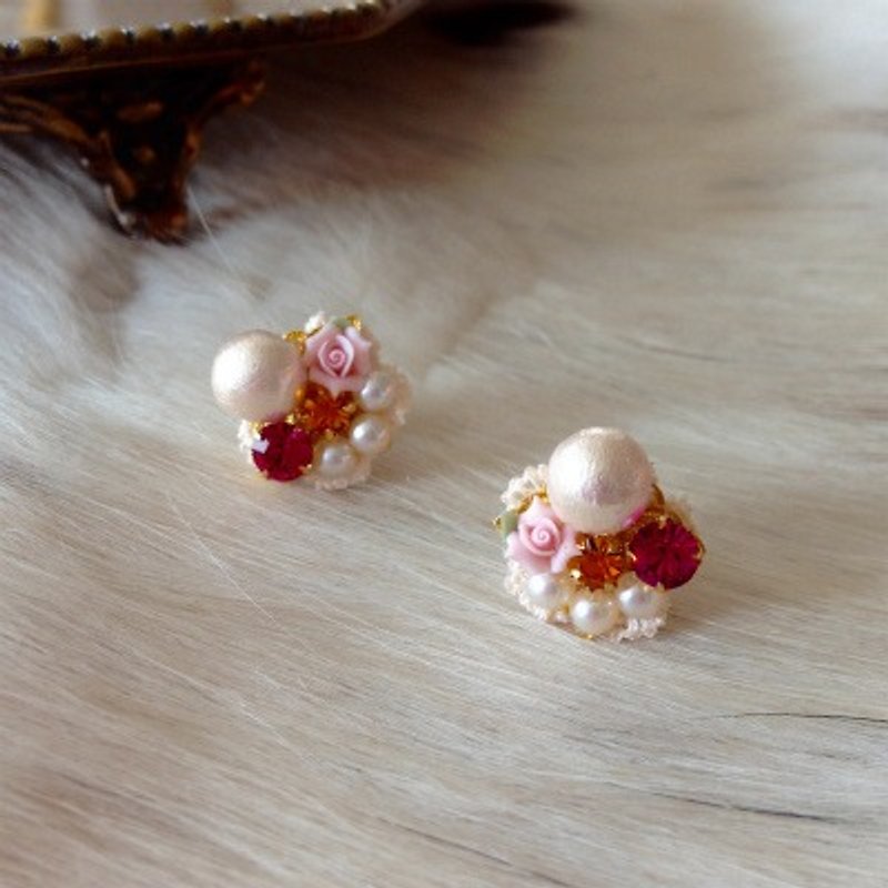 pink cotton pearl bijoux pierce - 耳环/耳夹 - 其他材质 粉红色