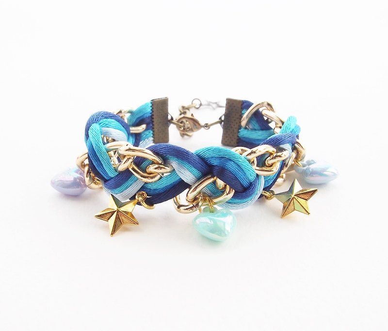 ♥ ELBRAZA ♥ Blue braided bracelet with heart and star cham. - 手链/手环 - 其他材质 蓝色