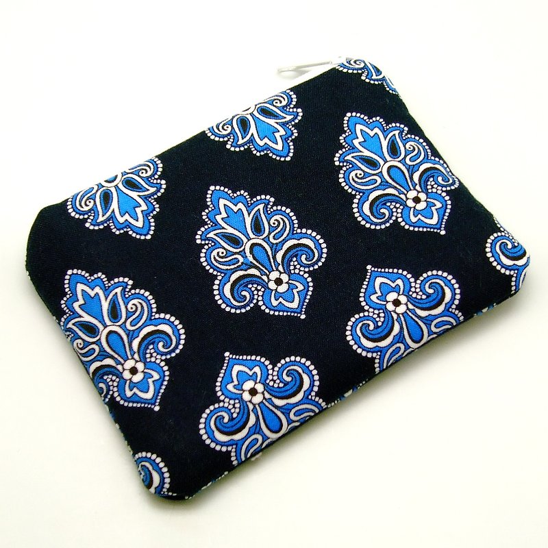 拉链零钱包/卡片包/钥匙包/耳机包/小物包 (Damask图案) (ZS-86) - 零钱包 - 棉．麻 蓝色