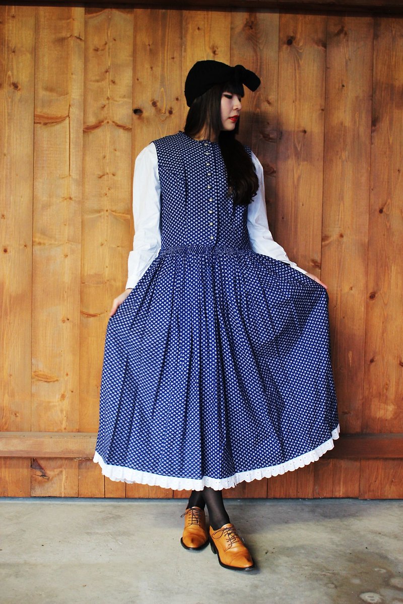 F853(Vintage)深蓝色小碎花棉质背心洋装(奥地利传统Dirndl) - 洋装/连衣裙 - 其他材质 蓝色
