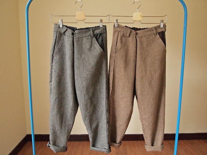 复古设计打摺毛尼裤/咖啡色 - 女装长裤 - 棉．麻 灰色