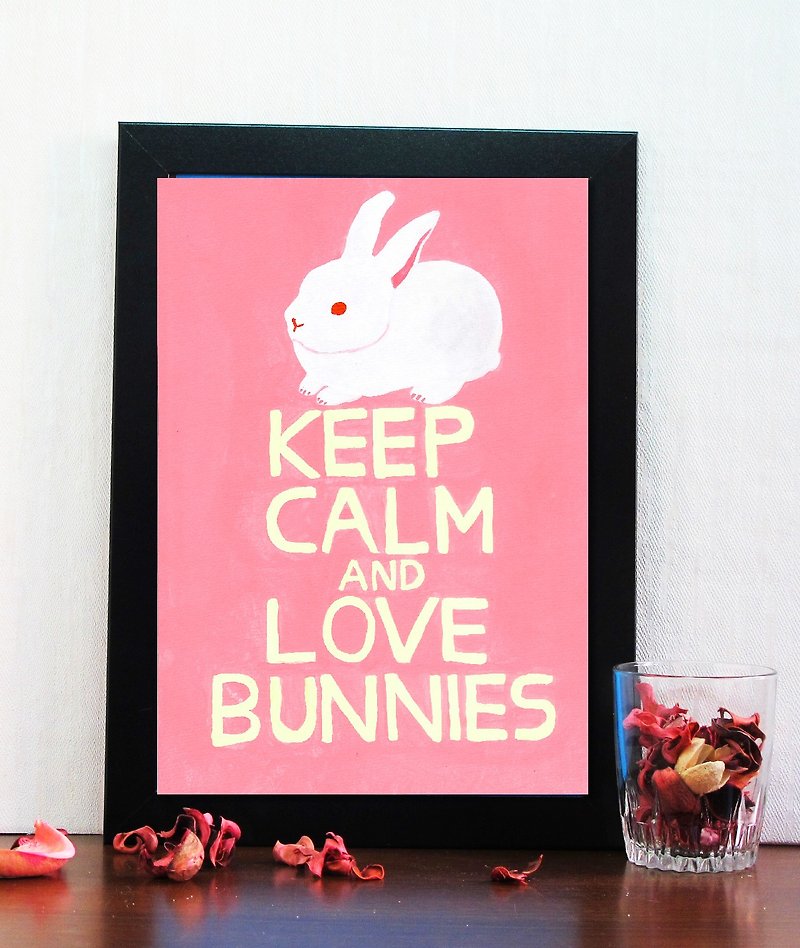 兔子 手绘 插画 复制画 海报/ A4 'Keep calm and love bunnies' - 海报/装饰画/版画 - 纸 粉红色