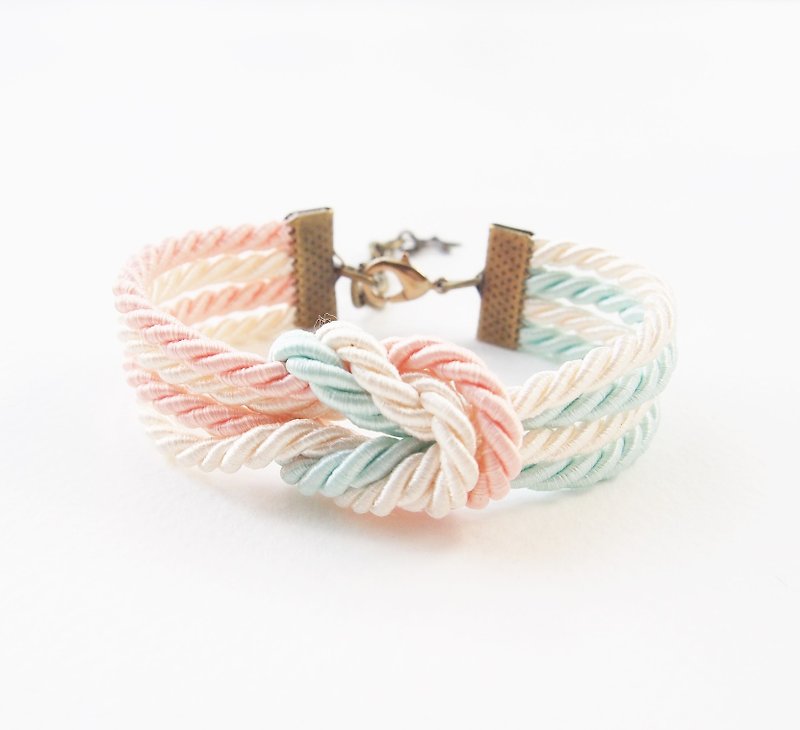 Light mint / peach double knot rope bracelet. - 手链/手环 - 其他材质 多色
