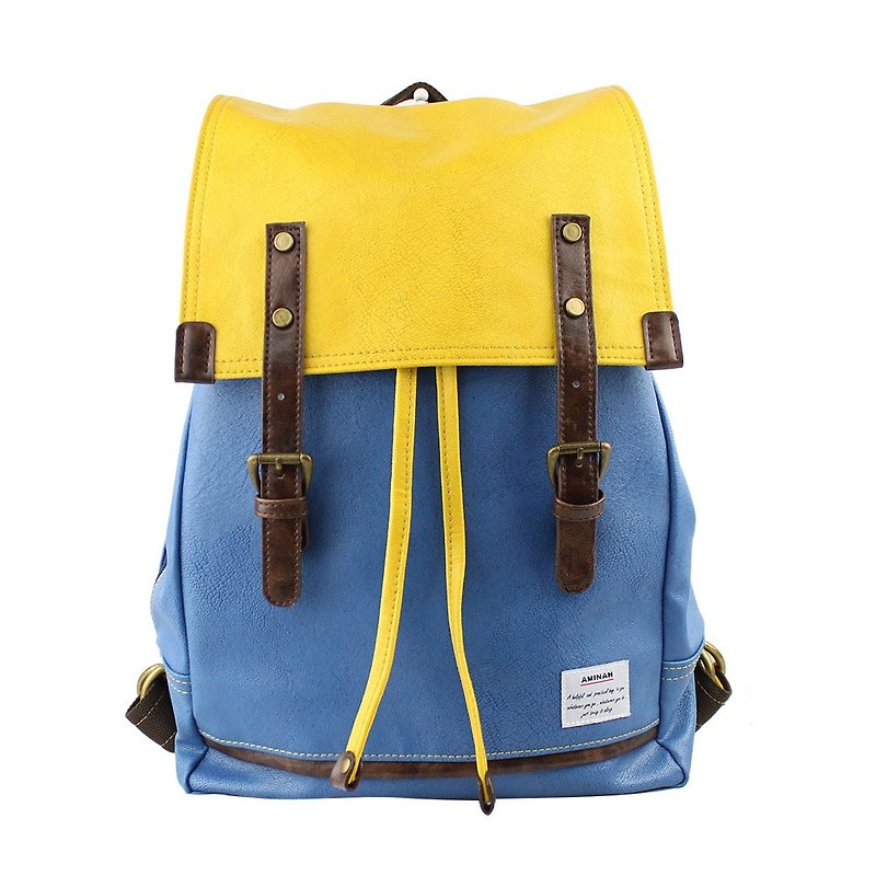 AMINAH-蓝黄拼色后背包【am-0212】 - 后背包/双肩包 - 人造皮革 黄色