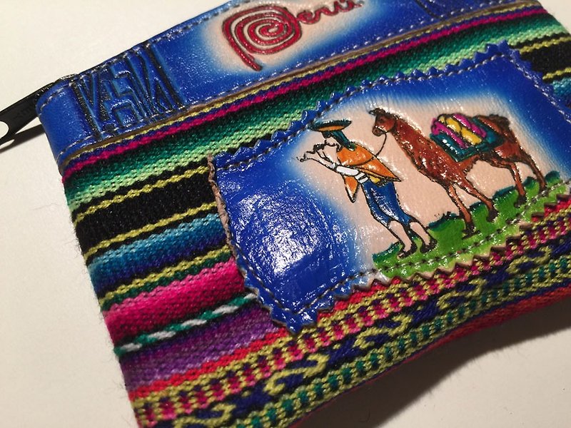 祕鲁多彩织纹拼接真皮个性拉链置物包 - 皮夹/钱包 - 其他材质 蓝色