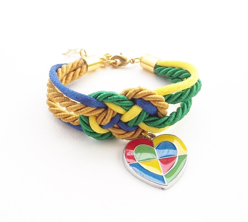Green, yellow, blue nautical bracelet with colorful heart charm. - 手链/手环 - 其他材质 多色